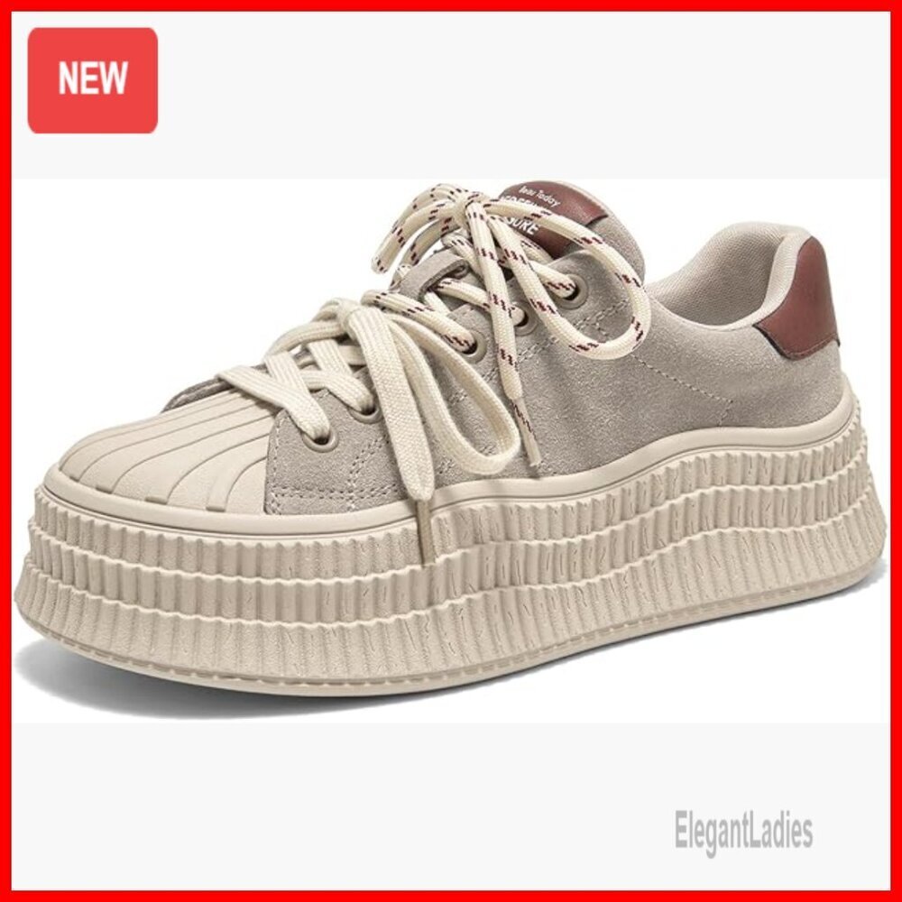 Platform Sneakers Women Leather Suede Lace-Up Retro Casual Comfortable Shoes